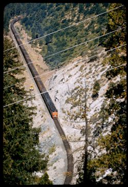 Western Pacific freight train east bound in Feather river canyon near Cromberg