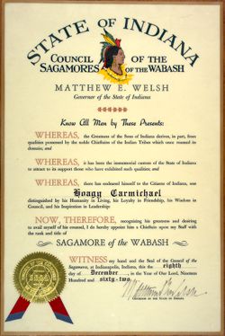 State of Indiana, Council of the Sagamores of the Wabash. "Sagamore of the Wabash" declaration, mounted on wood.