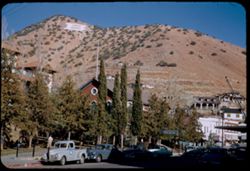 View east over Bisbee's trees and housetops toward its mountain.  Copper Queen Hotel at left.