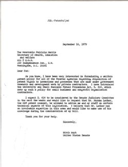 Letter from Birch Bayh to Patricia Harris of the Department of Health, Education and Welfare, September 10, 1979