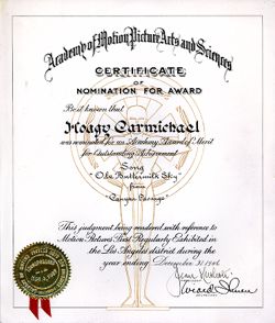 Academy of Motion Picture Arts and Sciences. Certificate of nomination for Academy Award of Merit for Outstanding Achievement for song "Ole Buttermilk Sky" from the film "Canyon Passage."