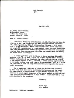 Letter from Birch Bayh to Dr. Betsy Ancker-Johnson re testifying June 6, 1979, May 25, 1979