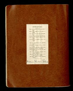1924, Feb.-1936, Sept. 3 - Palmer, William Kimberley, 1856-, poet. Scrapbook of holograph and printed poems of William Kimberley Palmer; letters and postcards to Mr. Palmer from libraries acknowledging copies of his poems; newspapers clippings.