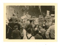 Crowd, signs, and balloons at 1956 Republican National Convention