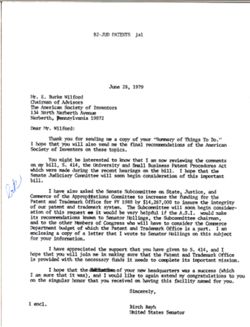 Letter from Birch Bayh to E. Burke Wilford of The American Society of Inventors, June 28, 1979
