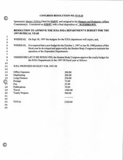 97-9-10 Resolution to Approve the IUEA Department’s Budget for the 1997-98 Fiscal Year