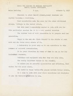 "Notes for Remarks to Indiana University Dental Alumni Conference." -Indiana University Union Building. Oct. 8, 1948