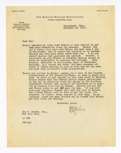 16 November 1923: To: Roy W. Howard. From: William W. Hawkins.