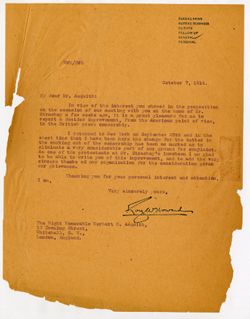 7 October 1914: To: Herbert H. Asquith (London, England). From: Roy W. Howard.