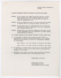 16: Student Senate Mandate Concerning the Indiana University Out – in – Town Age Limit, ca. 17 April 1962