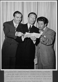 Hoagy Carmichael with comedians Frank Scannell and Billy Grey featured as special guests on his NBC show Something New, ca. 1947-48.