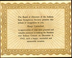 Board of Directors of the Indiana State Symphony. Tribute of recognition given in appreciation of assistance with the Stardust over Indiana Concert on December 8, 1962.