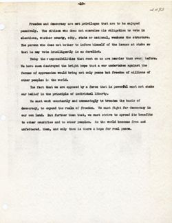 "Address Delivered at Convocation at Ball State Teachers College: The Responsibility of the Individual Citizen in a Democracy." -Muncie, Indiana. Oct. 20, 1948