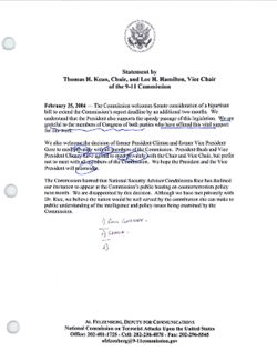 Statement by Thomas H. Kean, Chair, and Lee H. Hamilton, Vice Chair of the 9-11Commission [with Hamilton notes], February 25, 2004