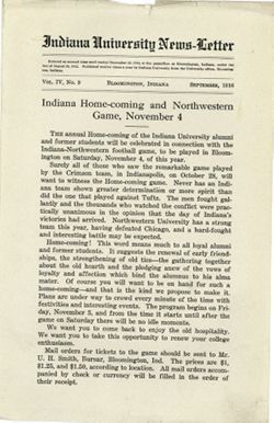 "Indiana Home-Coming and Northwestern Game, November 4" vol. IV, no.9