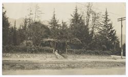 Item 0591. Long shot of man in business suit seated on low wall. Trees and heavy brush behind him. Street and trolley/train in front of him. Telephone/telegraph pole at far right.