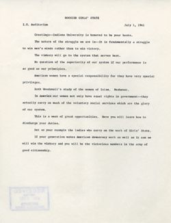 "Remarks Hoosier Girls' State." -Auditorium July 1, 1961