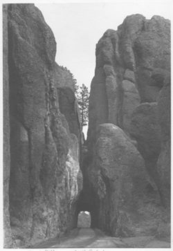 One-way tunnel in the Black Hills - among The Needles. Black Hills, South Dakota. 1938.
