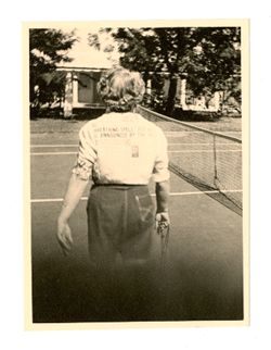 Margaret Howard wearing a newspaper-themed shirt