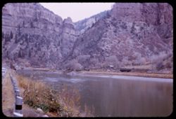 Early dark in Glenwood Canyon of Colorado river east of Glenwood Springs, Colorado.