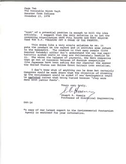 Letter from Stuart A. Hoenig to Birch Bayh, November 15, 1978