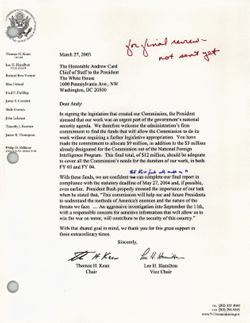 Letter from Thomas Kean and Lee Hamilton to White House Chief of Staff Andrew Card [re appropriations for Commission] [edited], March 27, 2003