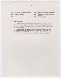 20: Request from Martin J. Flynn, President of the Indiana University Student Body Regarding New Student Organizations (Student Senate Bills Included), 12 March 1959