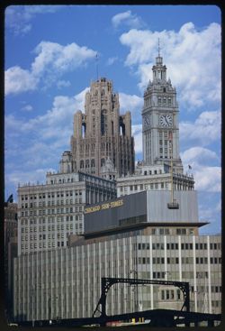 Tribune and Wrigley towers from SW at Wacker & Clark