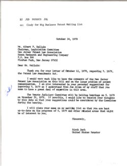Letter from Birch Bayh to Albert P. Halluin of the New Jersey Patent Law Association, October 24, 1979