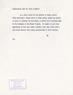 "Mr. P. Fraenkel's notes on conversation with Dr. Antonio Tovar, University of Salamanca." December 2, 1954