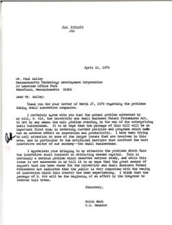 Letter from Birch Bayh to Paul Kelley of Massachusetts Technology Development Corporation, April 11, 1979