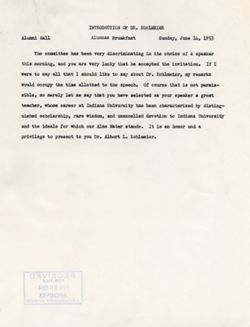 "Remarks, Introduction of Dr. Kohlmeier, and Presentation of the Distinguished Alumni Service Awards Alumni Breakfast and Luncheon." June 14, 1953